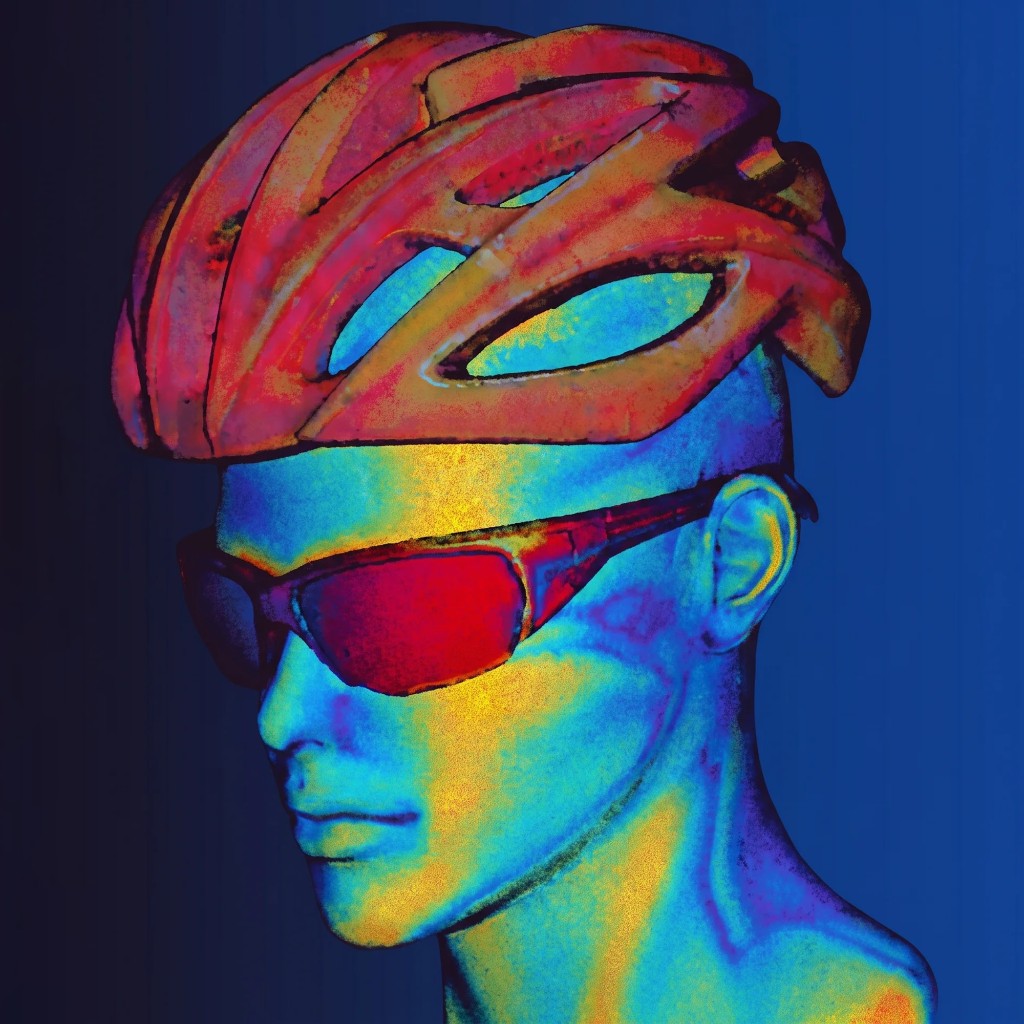Thermal portrait of a cyclist mannequin in a helmet and red sunglasses